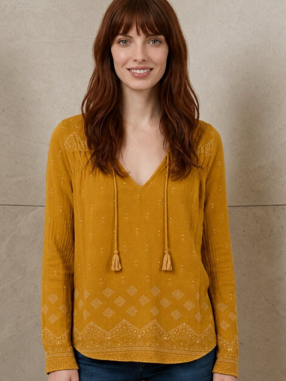 Lucky Brand Mustard Yellow Embroidered Boho Tunic - Picture 2 of 14